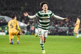 Celtic's Kyogo Furuhashi celebrates his goal to make it 3-0 against Livingston, which means he has netted on average every 82 minutes in tbagging 18 cinch Premiership goals this season. (Photo by Ross MacDonald / SNS Group)