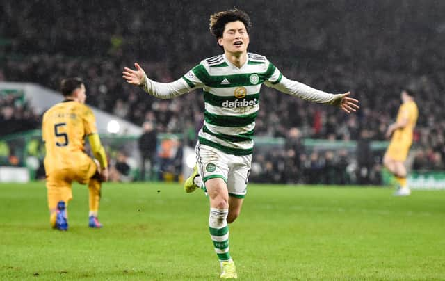 Celtic's Kyogo Furuhashi celebrates his goal to make it 3-0 against Livingston, which means he has netted on average every 82 minutes in tbagging 18 cinch Premiership goals this season. (Photo by Ross MacDonald / SNS Group)