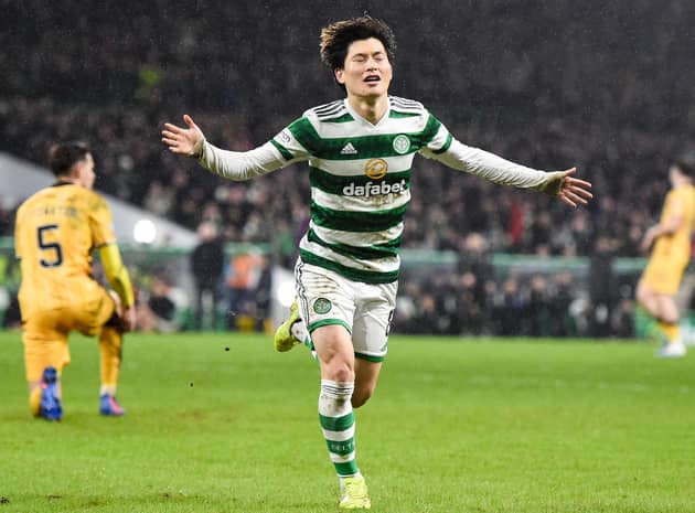 Celtic's Kyogo Furuhashi celebrates his goal to make it 3-0 against Livingston, which means he has netted on average every 82 minutes in tbagging 18 cinch Premiership goals this season. (Photo by Ross MacDonald / SNS Group)