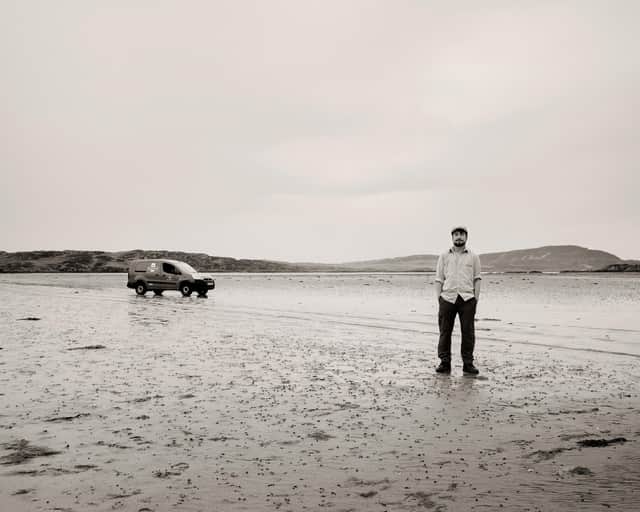 Robbie the Postie, on the Strand between the islands of Colonsay and Oransay, taken by Craig Easton, a photographer with Document Scotland who took part in the island project.