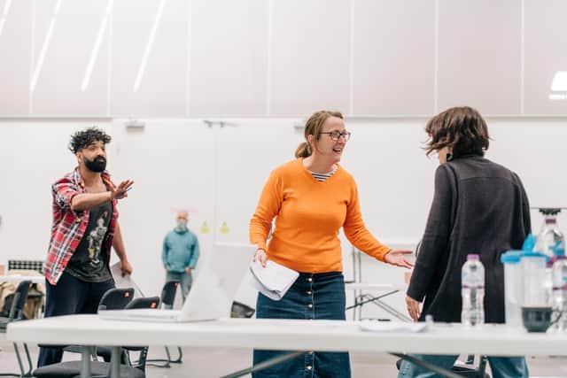 Taqi Nazeer, Gabriel Quigley and Hannah Donaldson rehearsing scenes of The Enemy. Picture: Mihaela Bodlovic