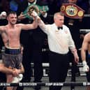 Josh Taylor celebrates victory over Jack Catterall during the WBA, WBC, WBO & IBF world super-lightweight title fight at the OVO Hydro in February.