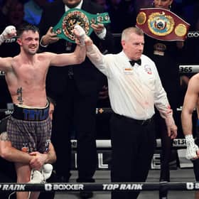 Josh Taylor celebrates victory over Jack Catterall during the WBA, WBC, WBO & IBF world super-lightweight title fight at the OVO Hydro in February.