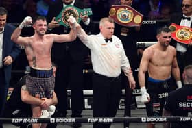 Josh Taylor celebrates victory over Jack Catterall during the WBA, WBC, WBO & IBF world super-lightweight title fight at the OVO Hydro in February.