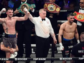Josh Taylor celebrates victory over Jack Catterall during the WBA, WBC, WBO & IBF world super-lightweight title fight at the OVO Hydro in February.