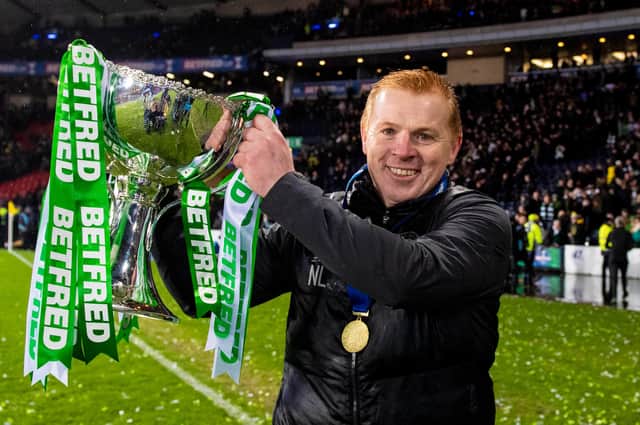 Celtic manager Neil Lennon with the League Cup in December that earned him an eighth trophy as manager.