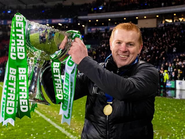 Celtic manager Neil Lennon with the League Cup in December that earned him an eighth trophy as manager.