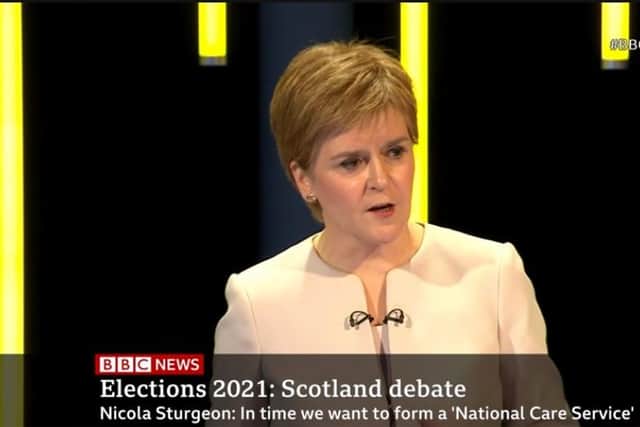 First Minister Nicola Sturgeon is quizzed on the constitution at tonight's BBC TV leaders' debate. Picture: BBC Scotland