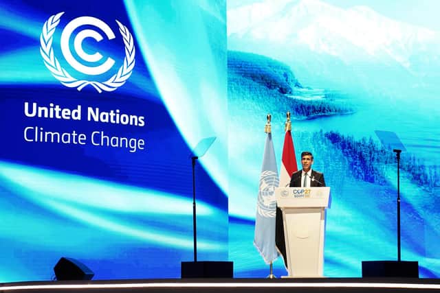 Prime Minister Rishi Sunak addresses delegates during the COP27 climate conference in Sharm El Sheikh, Egypt. Picture: Stefan Rousseau - Pool/Getty Images