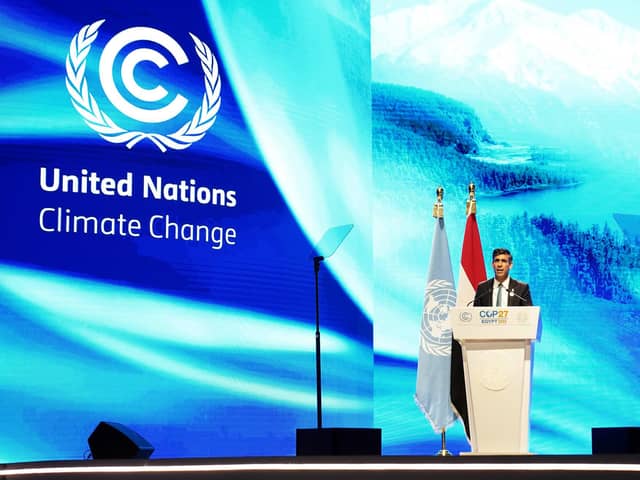 Prime Minister Rishi Sunak addresses delegates during the COP27 climate conference in Sharm El Sheikh, Egypt. Picture: Stefan Rousseau - Pool/Getty Images