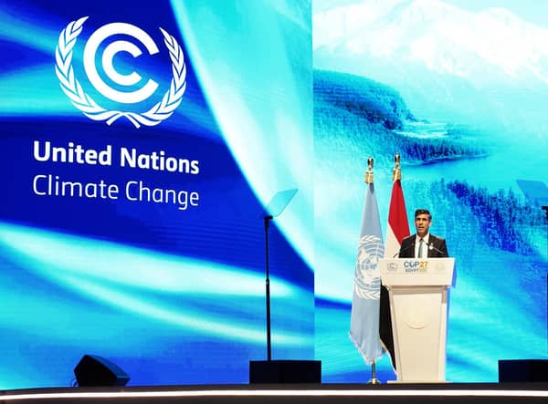 Prime Minister Rishi Sunak addresses delegates during the COP27 climate conference in Sharm El Sheikh, Egypt. Picture: Stefan Rousseau - Pool/Getty Images