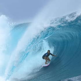 Vahine Fierro rides a wave during the Shiseido Tahiti Pro surfing competition at Teahupo'o, Tahiti on 29 May 2024. Teahupo'o will host the surfing event of the Paris 2024 Olympic Games. PIC: Jerome Brouillet / AFP via Getty Images