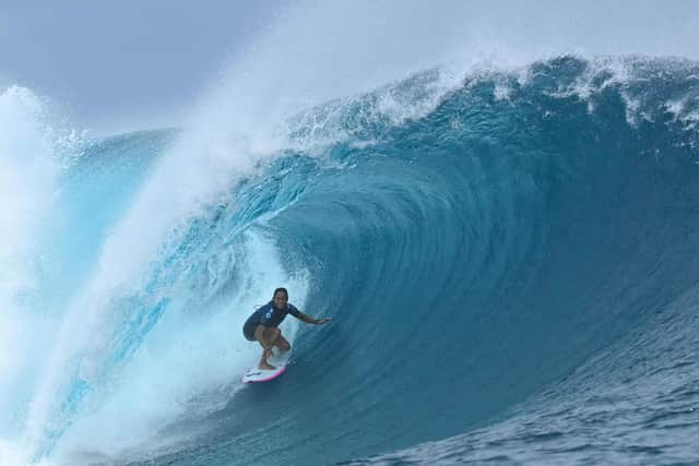 Vahine Fierro rides a wave during the Shiseido Tahiti Pro surfing competition at Teahupo'o, Tahiti on 29 May 2024. Teahupo'o will host the surfing event of the Paris 2024 Olympic Games. PIC: Jerome Brouillet / AFP via Getty Images