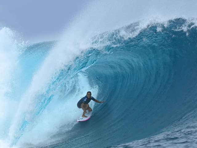 Vahine Fierro rides a wave during the Shiseido Tahiti Pro surfing competition at Teahupo'o, Tahiti on 29 May 2024. Teahupo'o will host the surfing event of the Paris 2024 Olympic Games. PIC: Jerome Brouillet / AFP via Getty Images