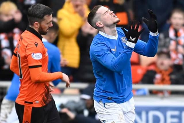 Rangers winger Ryan Kent shows his frustration during the 1-1 draw against Dundee United at Tannadice. (Photo by Rob Casey / SNS Group)
