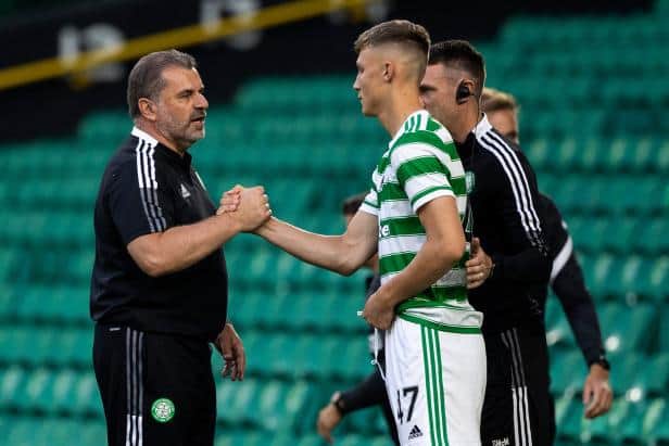 Celtic Manager Ange Postecoglou  with Dane Murray during a Champions League qualifier between Celtic and FC Midtjylland at Celtic Park on July 20, 2021, in Glasgow, Scotland (Photo by Craig Williamson / SNS Group)