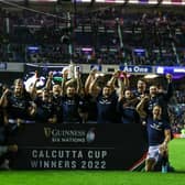 Scotland's players celebrate a famous 20-17 win over England at BT Murrayfield, retaining the Calcutta Cup in the process.