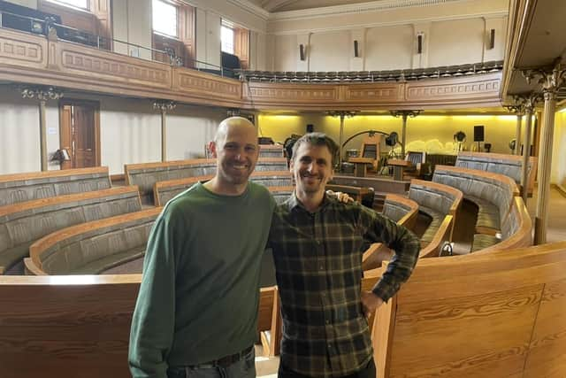 Jack Nissan, artistic director of the Tinderbox Collective, and Matthew Wright, co-creator of the Pianodrome, at the old Royal High School, which will be used for this year's Fringe.