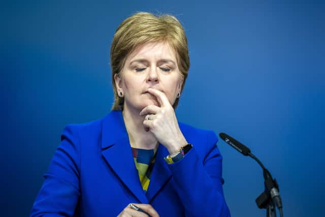 Once the sure-footed leader of the SNP and pro-independence movement, Nicola Sturgeon now looks tired and out of ideas. Picture: Jane Barlow/AP