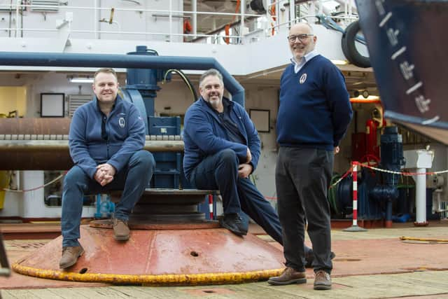 Pharos' master Chris Somerville on deck with chief officer Martin Wright and Northern Lighthouse Board director of operations Phil Day. Picture: Lisa Ferguson