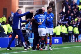 Rabbi Matondo celebrates with Rangers manager Philippe Clement after netting his stoppage-time equaliser against Celtic.