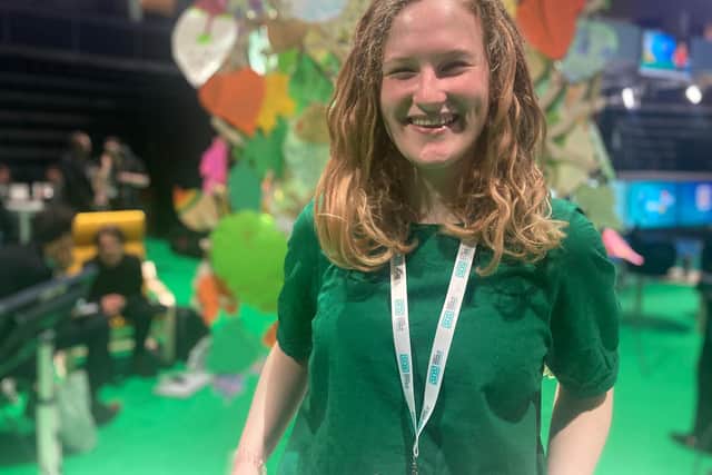 20-year-old climate change activist Phoebe Hanson in the blue zone of COP26 in Glasgow.