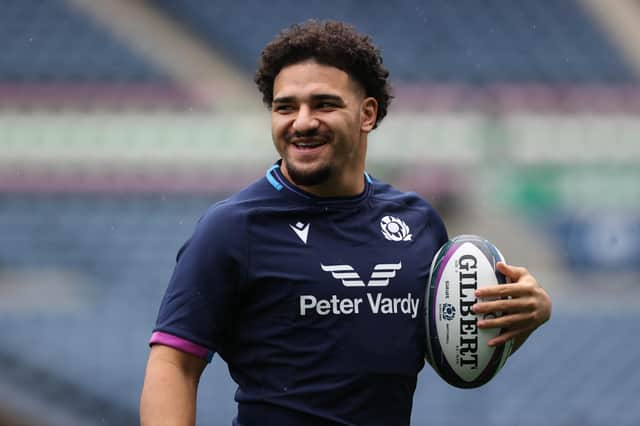 Sione Tuipulotu is all smiles during the Scotland team run ahead of his international debut against Tonga. (Photo by Craig Williamson / SNS Group)
