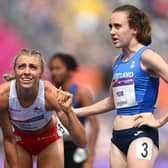 Alexandra Bell of Team England and Laura Muir of Team Scotland react after competing in the Women's 800m Round 1 heats on day five of the Birmingham 2022 Commonwealth Games.