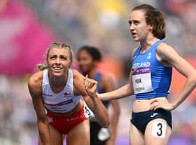 Alexandra Bell of Team England and Laura Muir of Team Scotland react after competing in the Women's 800m Round 1 heats on day five of the Birmingham 2022 Commonwealth Games.