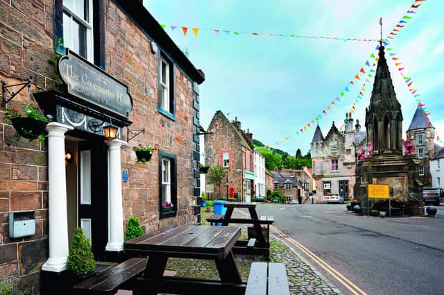 The Covenanter Hotel and Bruce Fountain in the main square in the village of Falkland, Fife, Scotland, are familiar Falkland landmarks from Outlander’s opening season. Pic: Wanderluster/Alamy