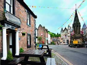 The Covenanter Hotel and Bruce Fountain in the main square in the village of Falkland, Fife, Scotland, are familiar Falkland landmarks from Outlander’s opening season. Pic: Wanderluster/Alamy