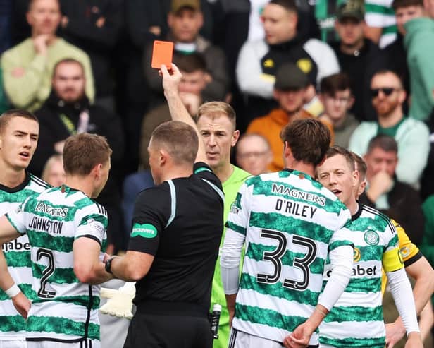 Celtic’s Joe Hart is shown a straight red card by referee John Beaton for denying a goalscoring opportunity in the win over Livingston. (Photo by Ross MacDonald / SNS Group)