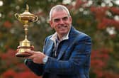 Victorious European captain Paul McGinley poses with the Ryder Cup after his side's success at Gleneagles in 2014. Picture: Mike Ehrmann/Getty Images.