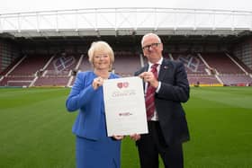 Hearts chairwoman Ann Budge with Foundation of Hearts chairman Stuart Wallace following the transfer of club ownership. (Photo by Paul Devlin / SNS Group)