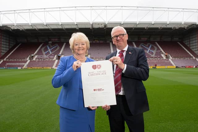 Hearts chairwoman Ann Budge with Foundation of Hearts chairman Stuart Wallace following the transfer of club ownership. (Photo by Paul Devlin / SNS Group)