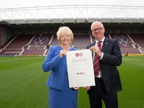 Hearts chairwoman Ann Budge with Foundation of Hearts chairman Stuart Wallace following the transfer of club ownership. (Photo by Paul Devlin / SNS Group)