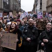 Trans rights demonstrators attend a rally in Glasgow after Rishi Sunak announced that the UK government will use a Section 35 order to block Scotland's recent Gender Recognition Reform Bill.