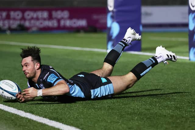 Glasgow Warriors' Rufus McLean runs through for a try but knocks it on.
