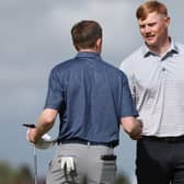 Jamie Roberts shakes hands with one of his playing partners after carding a four-under 66 at Royal Lytham in the opening qualifying round in the R&A Amateur Championship. Picture: Matthew Lewis/R&A/R&A via Getty Images.