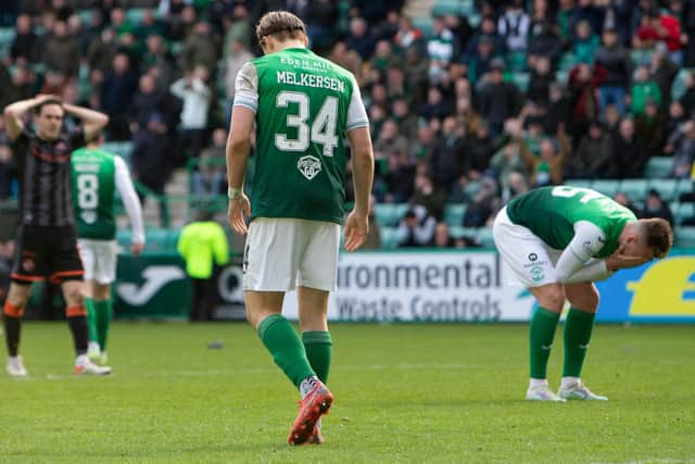 Hibs striker Elias Melkersen after missing a late chance in the 1-1 draw with Dundee United. (Photo by Ewan Bootman / SNS Group)