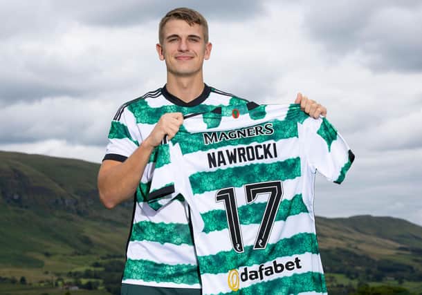 LENNOXTOWN, SCOTLAND - JULY 26: Celtic unveil the signing of Maik Nawrocki at the Lenoxtown Training Centre, on July 26, 2023, in Lennoxtown, Scotland. (Photo by Ross MacDonald / SNS Group)