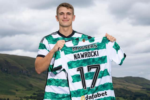 LENNOXTOWN, SCOTLAND - JULY 26: Celtic unveil the signing of Maik Nawrocki at the Lenoxtown Training Centre, on July 26, 2023, in Lennoxtown, Scotland. (Photo by Ross MacDonald / SNS Group)