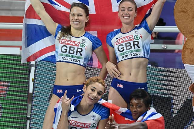 Zoey Clark, top left, and team-mates celebrate their second-place finish in Torun. Picture: Adam Nurkiewicz/Getty Images