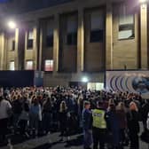 Crowds wait for Johnny Depp outside the Royal Concert Hall in Glasgow.