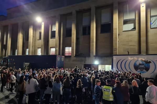 Crowds wait for Johnny Depp outside the Royal Concert Hall in Glasgow.
