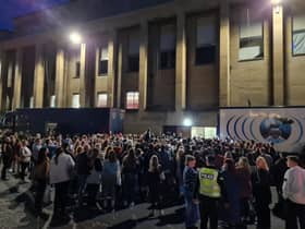 Crowds wait for Johnny Depp outside the Royal Concert Hall in Glasgow.