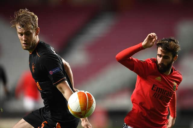 Rangers defender Filip Helander has been tipped to bounce back quickly from his tough night against Benfica in Lisbon. (Photo by PATRICIA DE MELO MOREIRA/AFP via Getty Images)