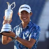 Collin Morikawa shows off the Claret Jug after his win at Royal St George's last summer. Picture: Getty Images