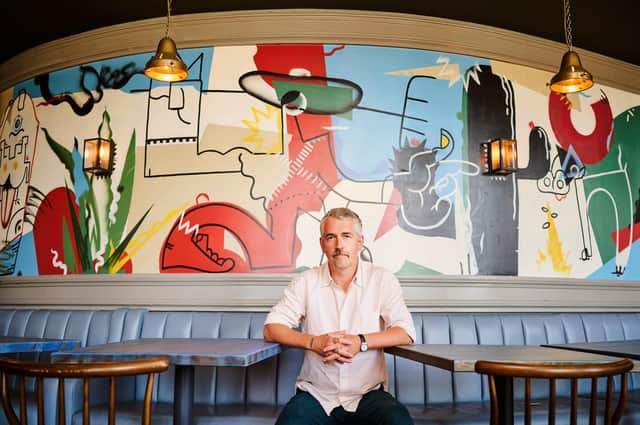 Bernie Reid’s first major project since lockdown is a ten metre long wall painting commissioned by The Bon Vivant Group for El Cartel Roxburgh, a Mexican restaurant which opened earlier this month.