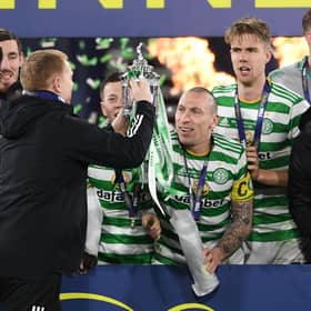 Celtic manager Neil Lennon lifts the 2019/2020 Scottish Cup with captain Scott Brown looking on in the celebrations for a triumph completing a quadruple treble for the club. (Photo by Craig Foy / SNS Group)